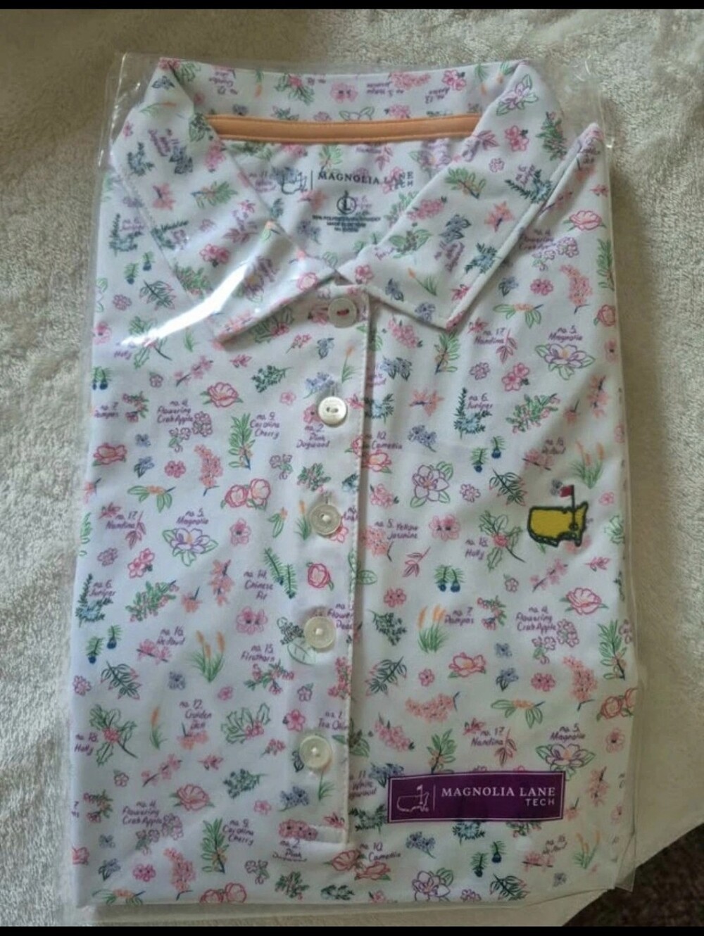 Ladies White Floral Polo Shirt - Pink & Green Print